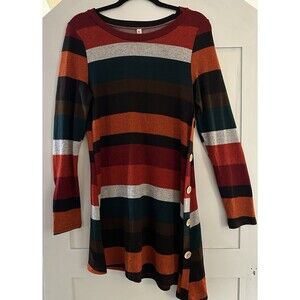 iGENJUN Long Sleeve Sweater Dress Striped Asymmetrical Button Accents Sz M